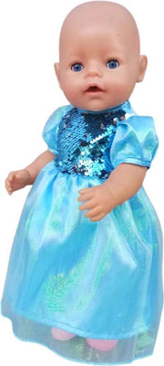 Dolldreams poppenkleding - Blauw Poppenjurkje - Feestjurkje Pop - Omkeerbare Pailletten