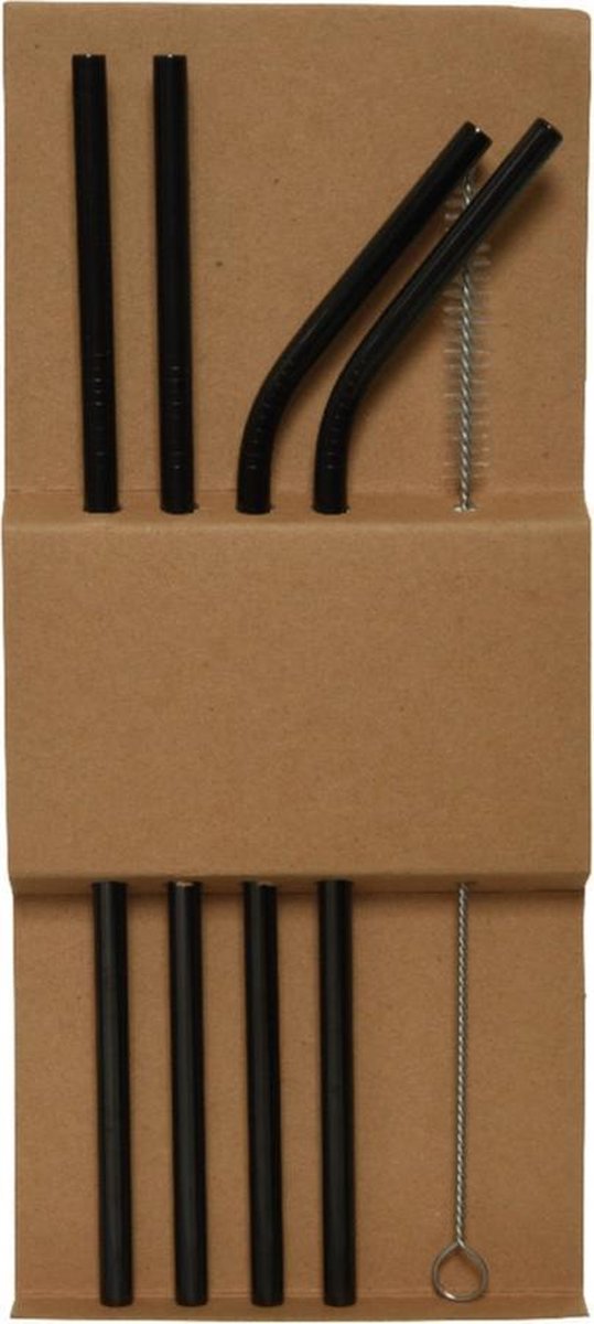 Set van 4x stuks zwarte RVS rietjes inclusief reinigingsborstel - herbruikbaar / duurzaam / milieubewust