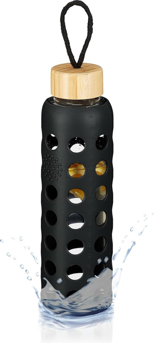 relaxdays Glazen waterfles - 550 ml - drinkfles - bamboe deksel - sportfles - met lus zwart