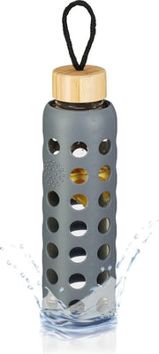 relaxdays Glazen waterfles - 550 ml - drinkfles - bamboe deksel - sportfles - met lus grijs