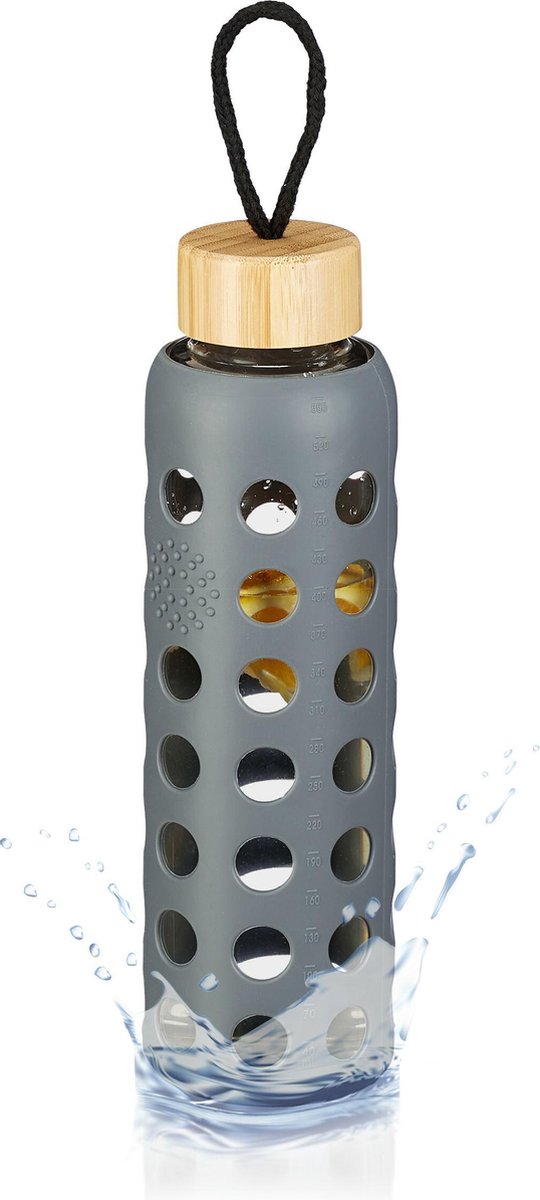 relaxdays Glazen waterfles - 550 ml - drinkfles - bamboe deksel - sportfles - met lus grijs