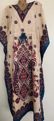 Kaftan lang met bloemenprint onesize 36-50 beige/rood/blauw