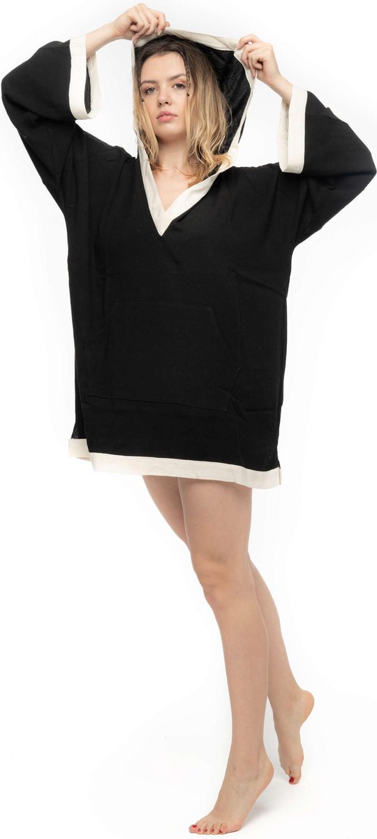 CAPRI Poncho Dames van 100% Natuurlijke Katoen en Organische Textielverf - Anti Allergie Zomerjurken / Strandjurken - Sneldrogende Jurken voor Vrouwen / Kleding voor Volwassenen - Zwart Beige  - One Size
