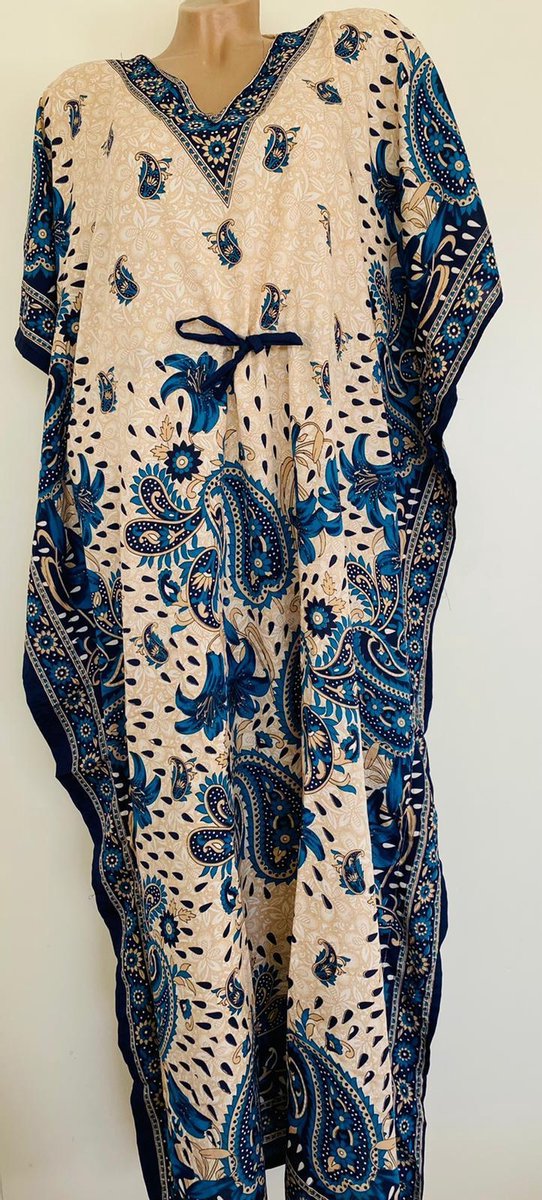 Dames kaftan met paisley/bloemenprint one size 36-50 beige/blauw/donkerblauw