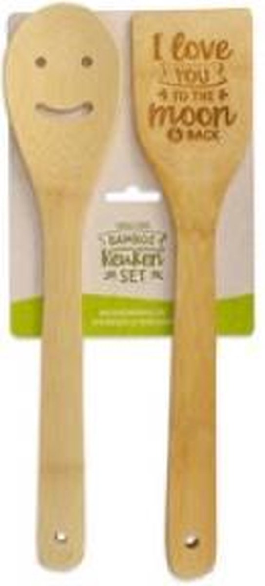 Vrolijke bamboe keukenset - I love you to the moon & back - In cadeauverpakking met gekleurd lint