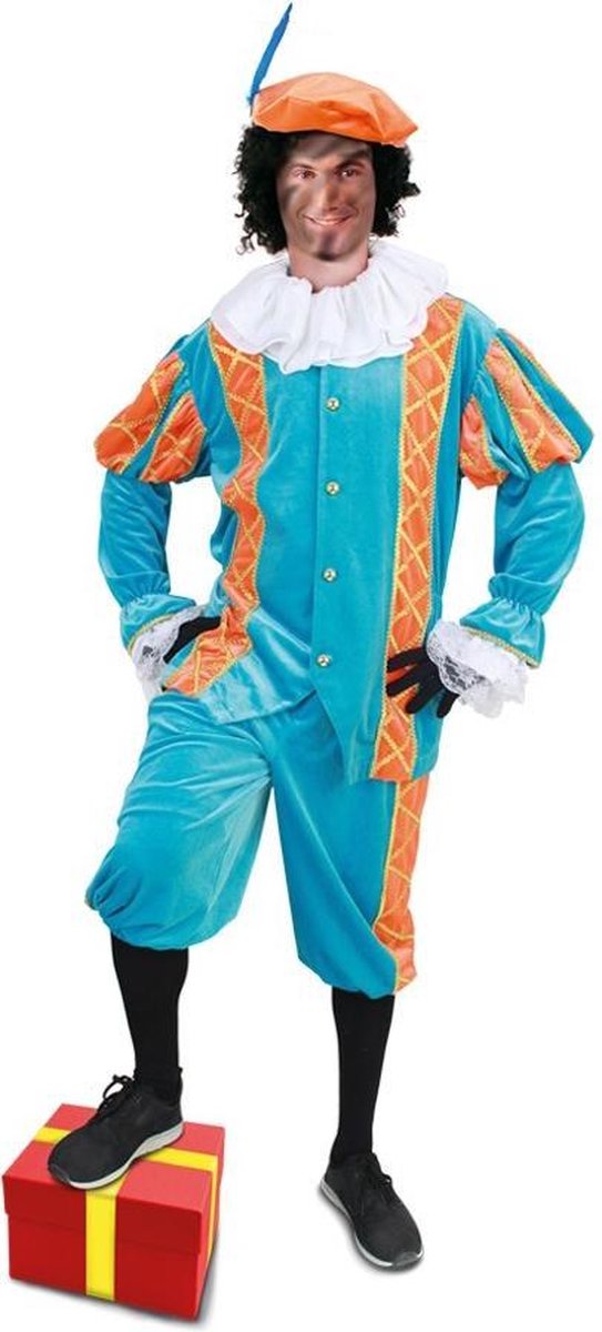 Luxe Piet pak oranje blauw fluweel - maat L + GRATIS PROFESSIONELE SCHMINK - fluwelen pietenpak kostuum goud Sinterklaas festival