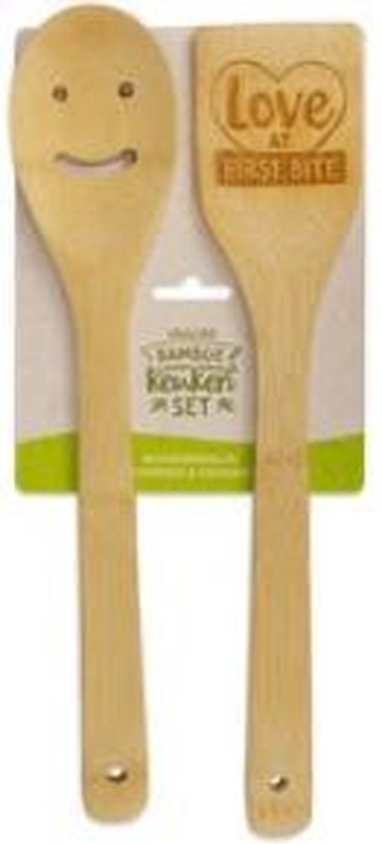 Vrolijke bamboe keukenset - Love at first bite - In cadeauverpakking met gekleurd lint