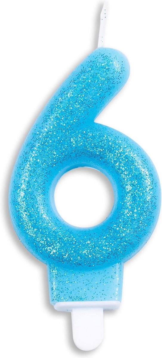 Kaars 6 Jaar Blauwe Glitter 7cm