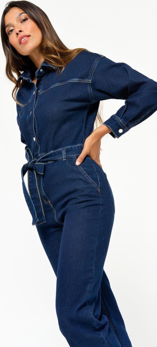 Denim jumpsuit met ceintuur - Donker Blauw