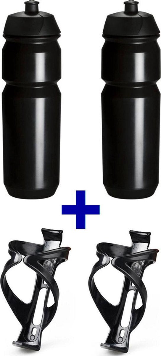 set Bidonnen met Ultralight Bidonhouders - bestaande uit 2x 750ml Tacx Shiva bidons met lichtgewicht bidonhouder - Zwart