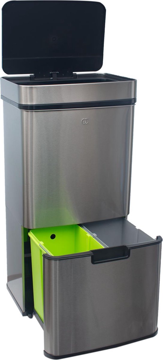FlinQ Prullenbak afvalscheiding 3 vakken - 72L - (2x12 + 48 Liter) met Sensor– Design Trio Afvalemmer RVS