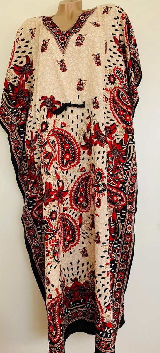 Dames kaftan/jurk met paisley/bloemenprint one size 36-50 beige/zwart/rood