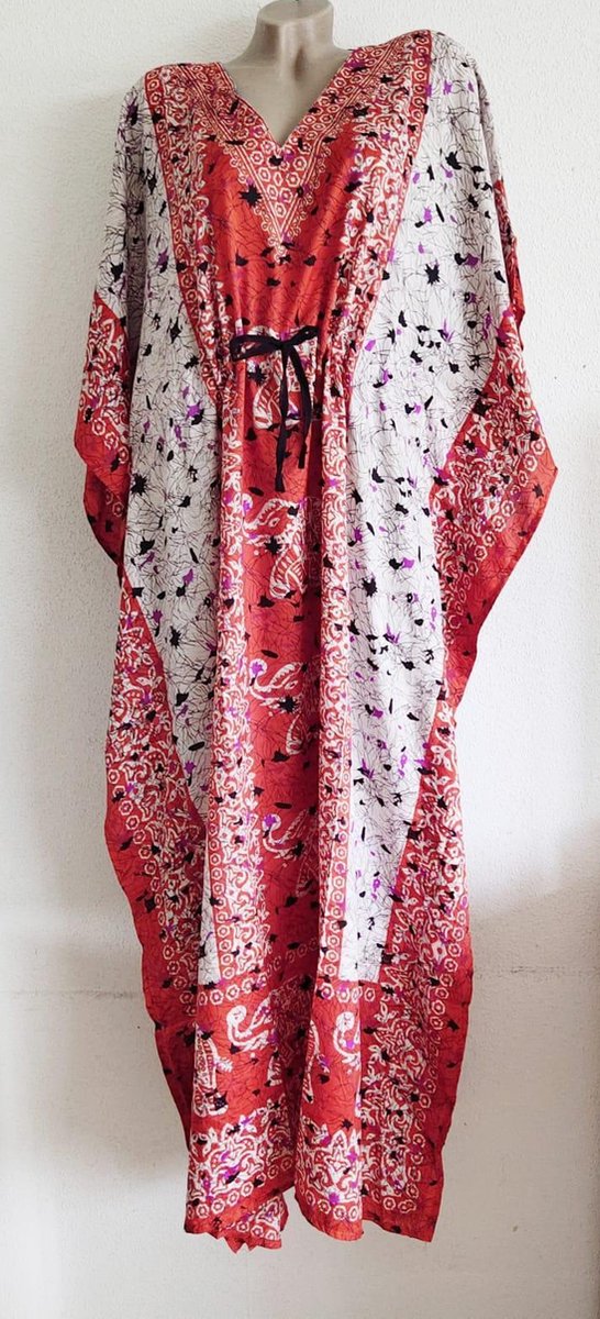 Kaftan olifantenprint met aantrekkoord en v hals Dames Jurk Maat One Size oranje