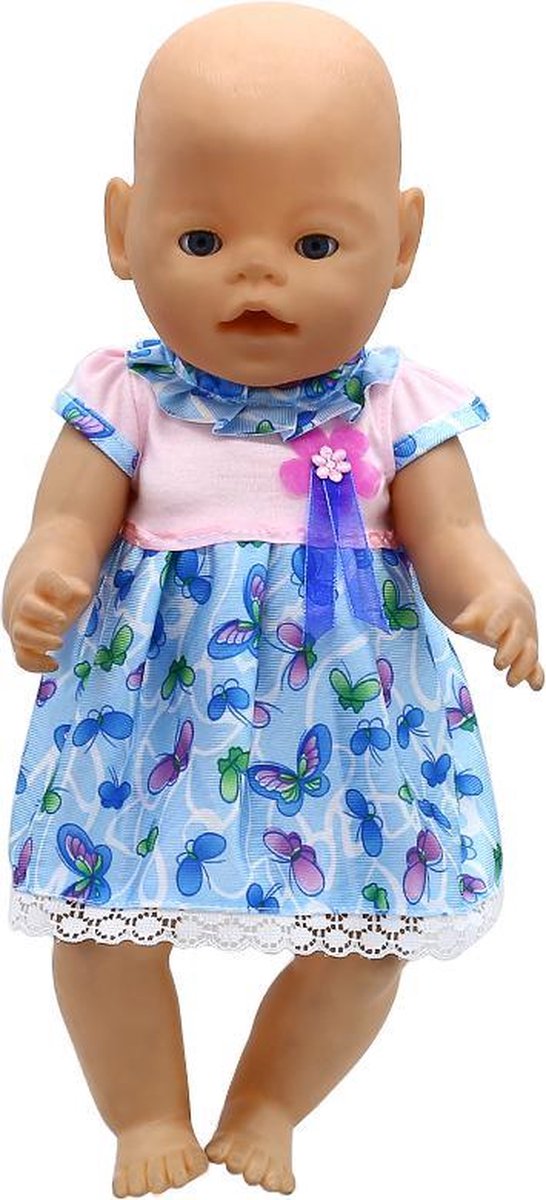 Schattig blauw poppenjurkje met vlinders voor babypop zoals Baby Born - Geschikt voor pop met lengte van 40 tot 45 cm