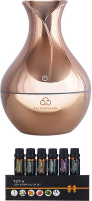 Aroma Dream Diffuser Luchtbevochtiger Goud tot 6 uur Spray incl. Essentiële Olie Set 6 stuks en E-book Aromatherapie - Humidifier geschikt voor Etherische Olie - Vernevelaar - Verstuiver - Geurverspreider