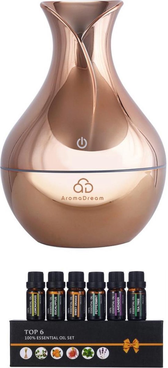 Aroma Dream Diffuser Luchtbevochtiger Goud tot 6 uur Spray incl. Essentiële Olie Set 6 stuks en E-book Aromatherapie - Humidifier geschikt voor Etherische Olie - Vernevelaar - Verstuiver - Geurverspreider