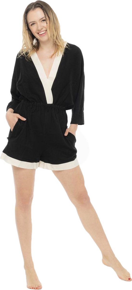 PAMBUCK SICILY Playsuit Dames van 100% Natuurlijk Katoen en Organische Textielverf - Anti Allergie Jumpsuit / Zomerjurken - Sneldrogende Jurken voor Vrouwen / Kleding Dames Volwassenen - Zwart Beige - Dames Playsuit One Size