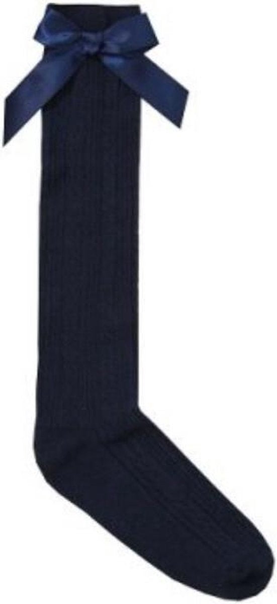 Meisjes kniesokken met strik|twee paar Kleur donkerblauw/grijs Maat 31.5-36.5 cm|Chaussettes fille avec nœud | deux paires Couleur bleu foncé / gris Taille 31