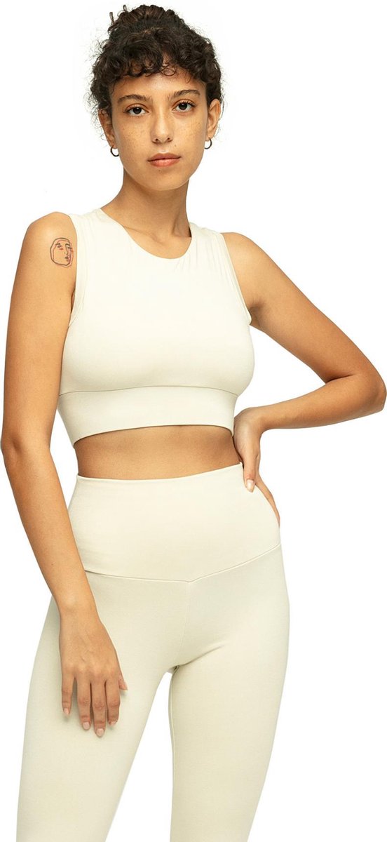 SPB Crop Top - Sport Top Dames met Uitneembare Vulling - Super Zachte en Comfy Sportkleding Dames Fitness - Sport Shirt Dames met Ademende Stof - Sport BH Dames met Elastische Band - Yoga Kleding Dames - T Shirt Dames - Training - Gebroken Wit - L