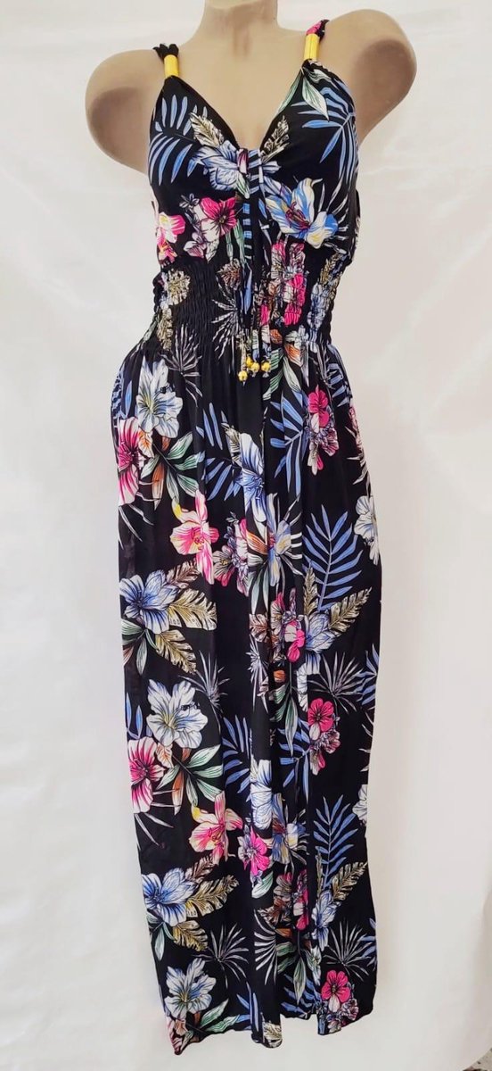 Dames lange jurk zwart met bloemenprint ONE SIZE 36-44