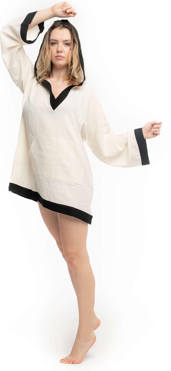 CAPRI Poncho Dames van 100% Natuurlijke Katoen en Organische Textielverf - Anti Allergie Zomerjurken / Strandjurken - Sneldrogende Jurken voor Vrouwen / Kleding voor Volwassenen - Beige Zwart - One Size
