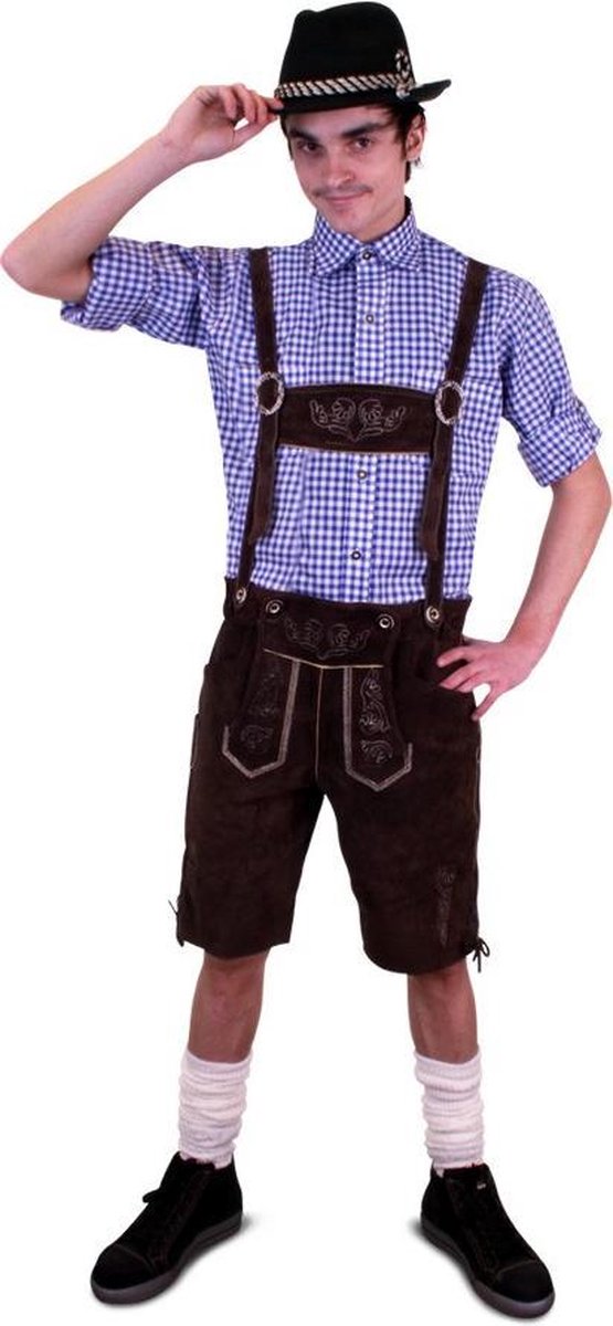 Korte lederhosen bruin echt leer - maat 56 XL - Oktoberfest suede Tiroler donkerbruine leren heren lederen broek Tirol lederhose bierfeest