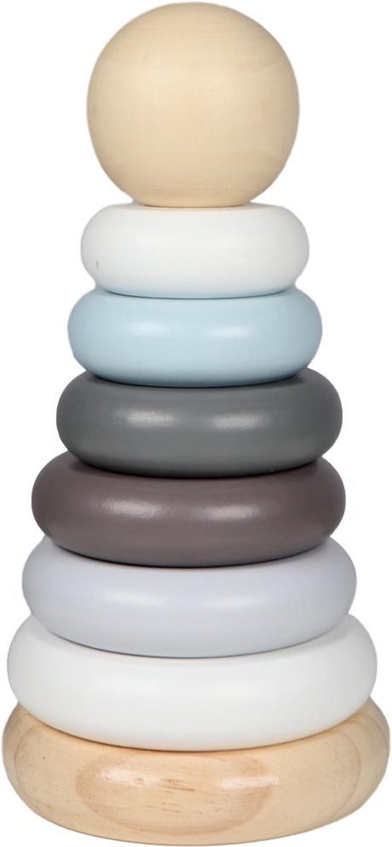 ✅  Tryco - Houten Speelgoed Piramide - Kinderen Stapeltoren - Wit / Blauw / Grijs