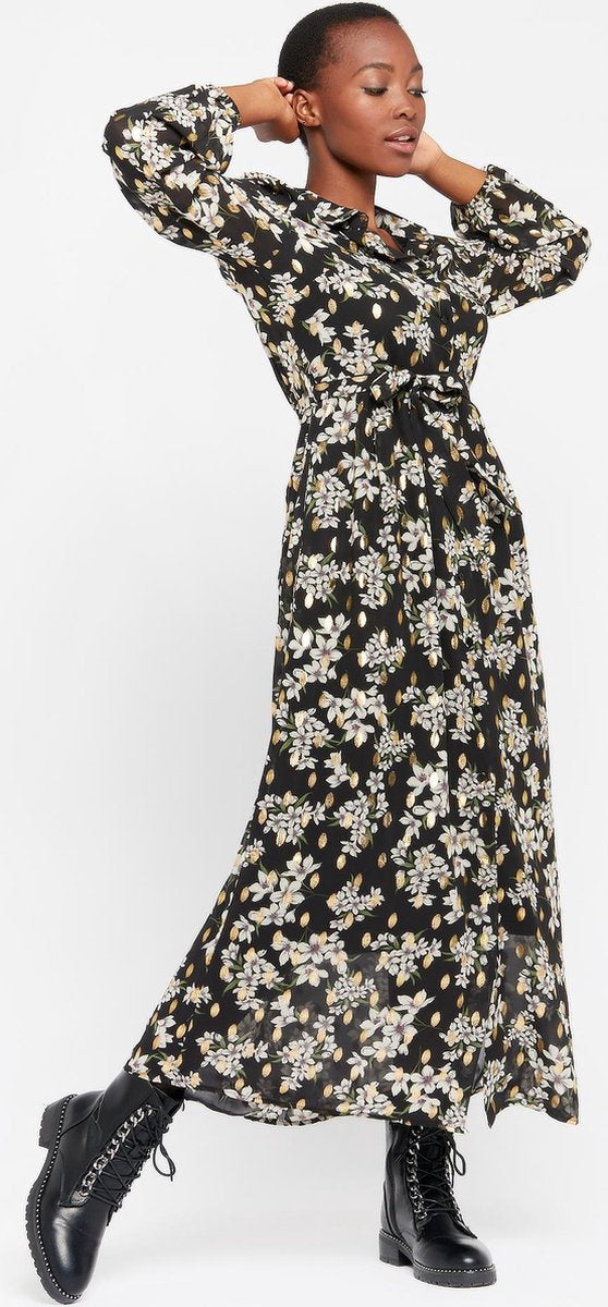 Maxi jurk met bloemen en ceintuur - Zwart