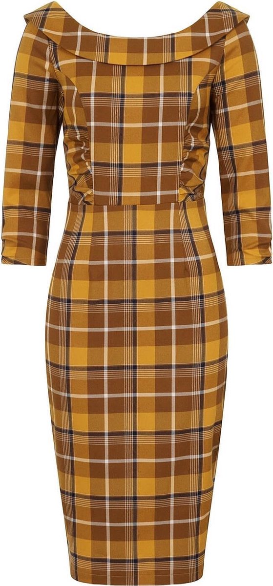 Collectif Cheyenne Moonhill Check 50's Pencil Jurk Mosterd