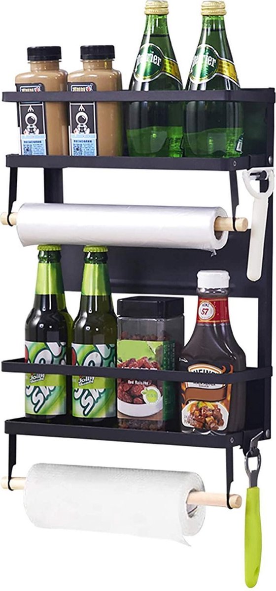 HN® Wandgemonteerde KeukenRolhouder | Multifunctionele Keuken Organiser | 2-laags met Magneten en Nagels