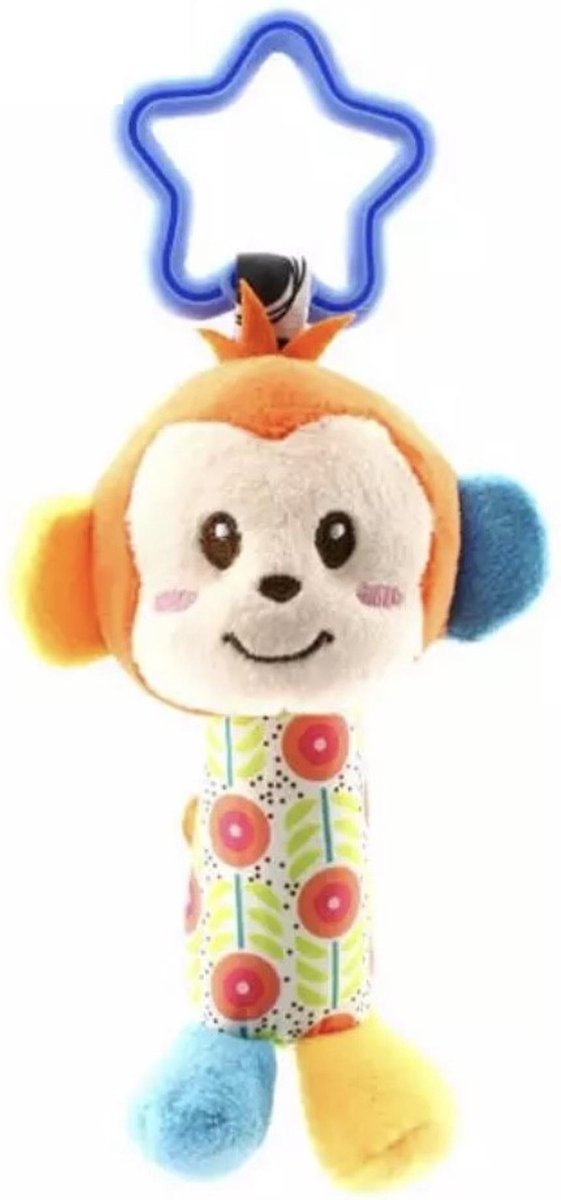 Baby Shark - Zachte rammelaar - Oranje aap - 15 cm - met clipje om op te kunnen hangen