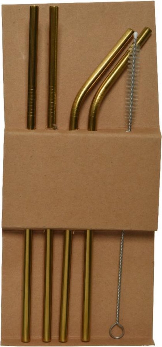 Set van 4x stuks gouden RVS rietjes inclusief reinigingsborstel - herbruikbaar / duurzaam / milieubewust