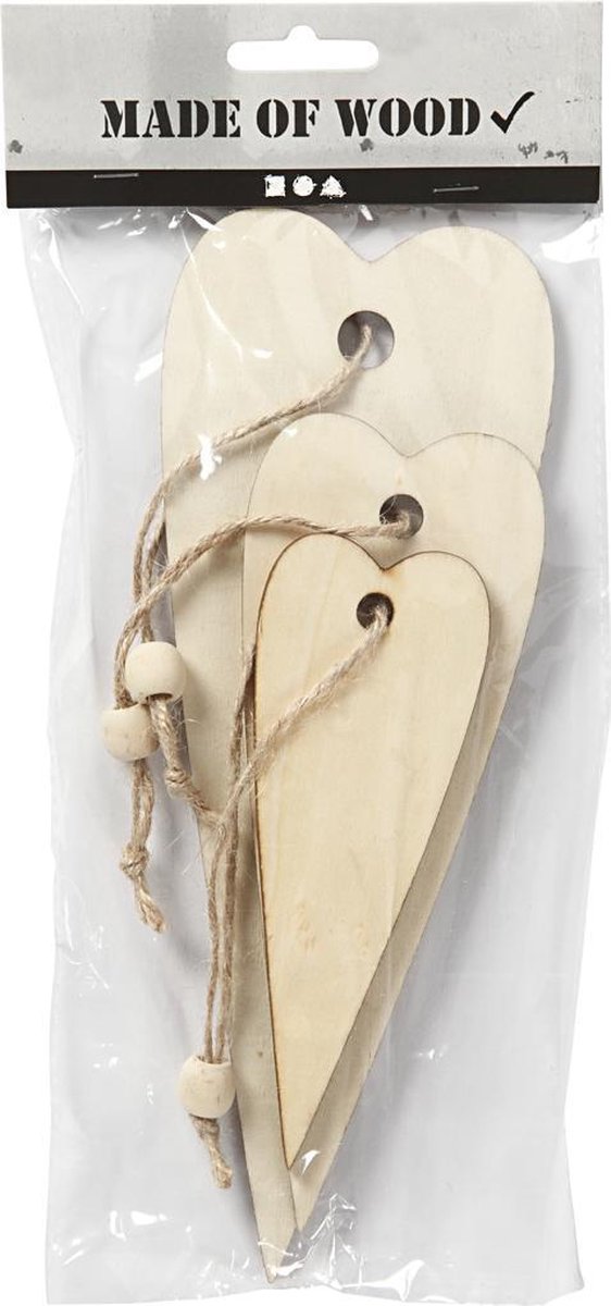 Wooden Ornament. long heart. H: 12+16+20 cm. 5 mm. 3 pc