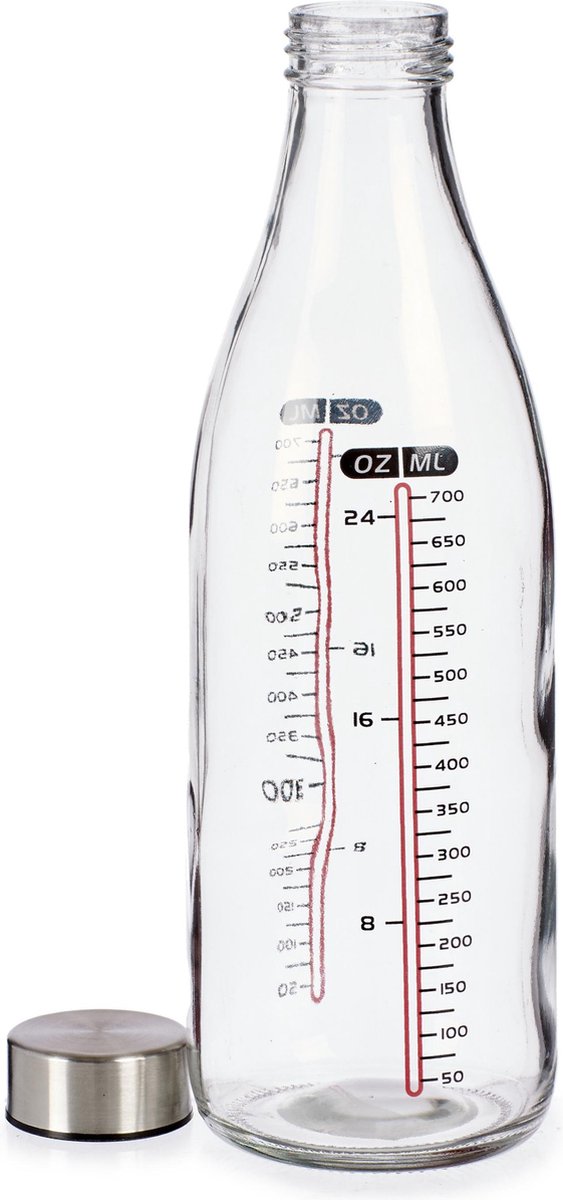 Glazen maatfles met stalen dop 700 ml 8 x 27 cm - Azijnfles/oliefles - Afsluitbare maatflessen van glas
