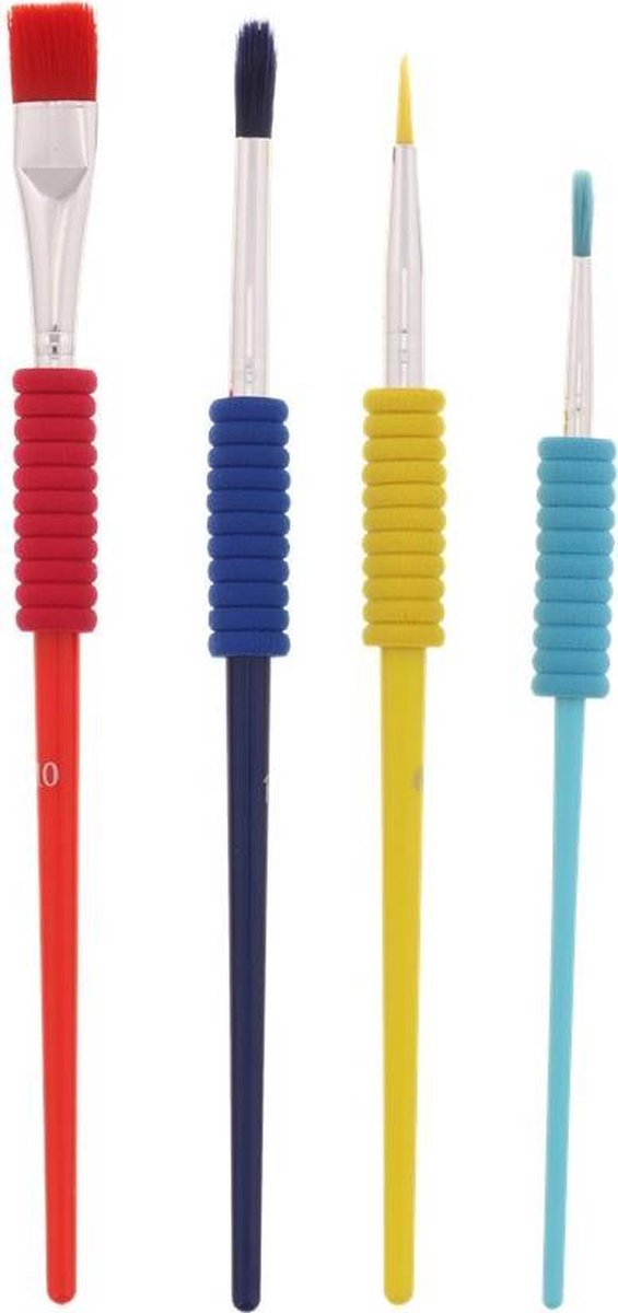 verf kwasjes 4 stuks met grip paars - blauw - geel -rood - paint brush set - pencelenset - kwastenset 4 verschillende maten