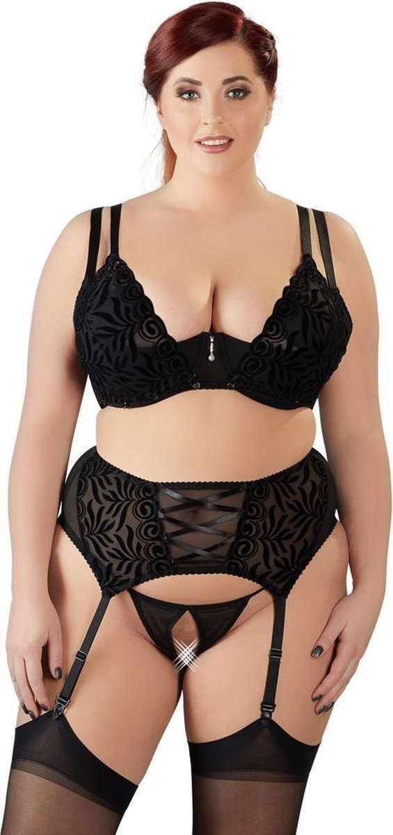 Cottelli Plus Size –  Jarretel Lingerie Set 3 Delig met Flockprint Inzetstukken – Maat 90E/XL - Zwart