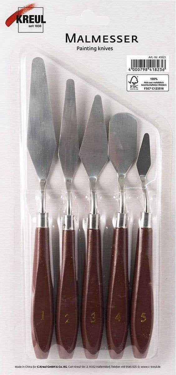 Paletmes metalen schilders mes met houten handvat - set met 5 maten