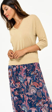 T-shirt met driekwartsmouw en lurex - Beige