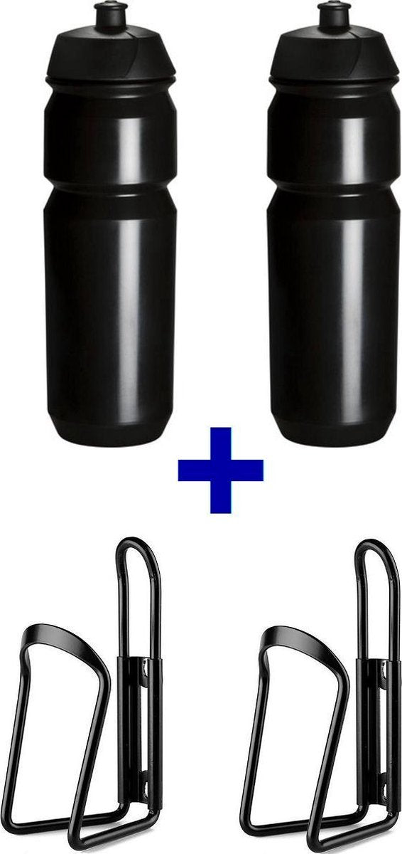 set Bidonnen met aluminium bidonhouders - bestaande uit 2x 750ml Tacx Shiva bidons met bidonhouder - Zwart