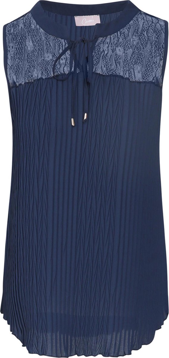 Cassis - Plisséblouse met bovenaan voile met reliëfborduurwerk - Marineblauw