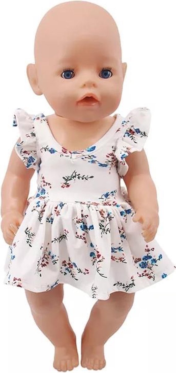 Poppenkleertjes - Geschikt voor Baby Born - Jurkje met kapmouwtjes - Wit met bloemetjes