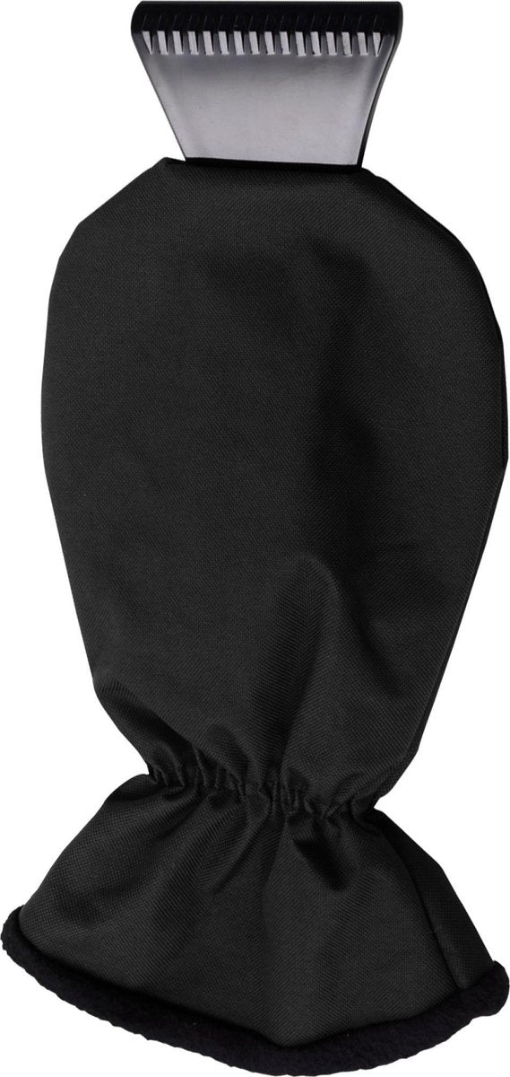 Zwarte kunststof ijskrabber met een fleece gevoerde polyester want.
