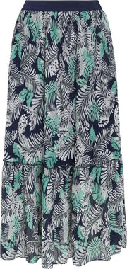 Cassis - Lange rok met bladprint - Marineblauw