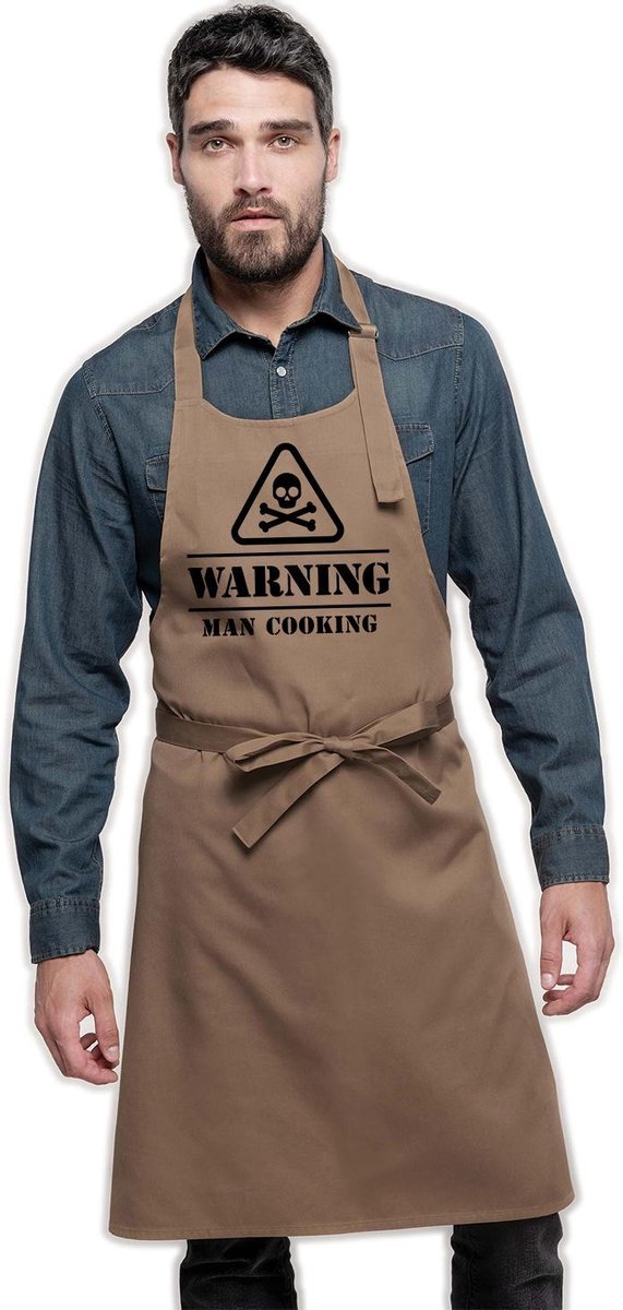 Warning Man Cooking - Keukenschort - Kookschort  - BBQ - Barbecue schort - Keuken - Grappig - Dames Heren - Beige - Donkey Designs