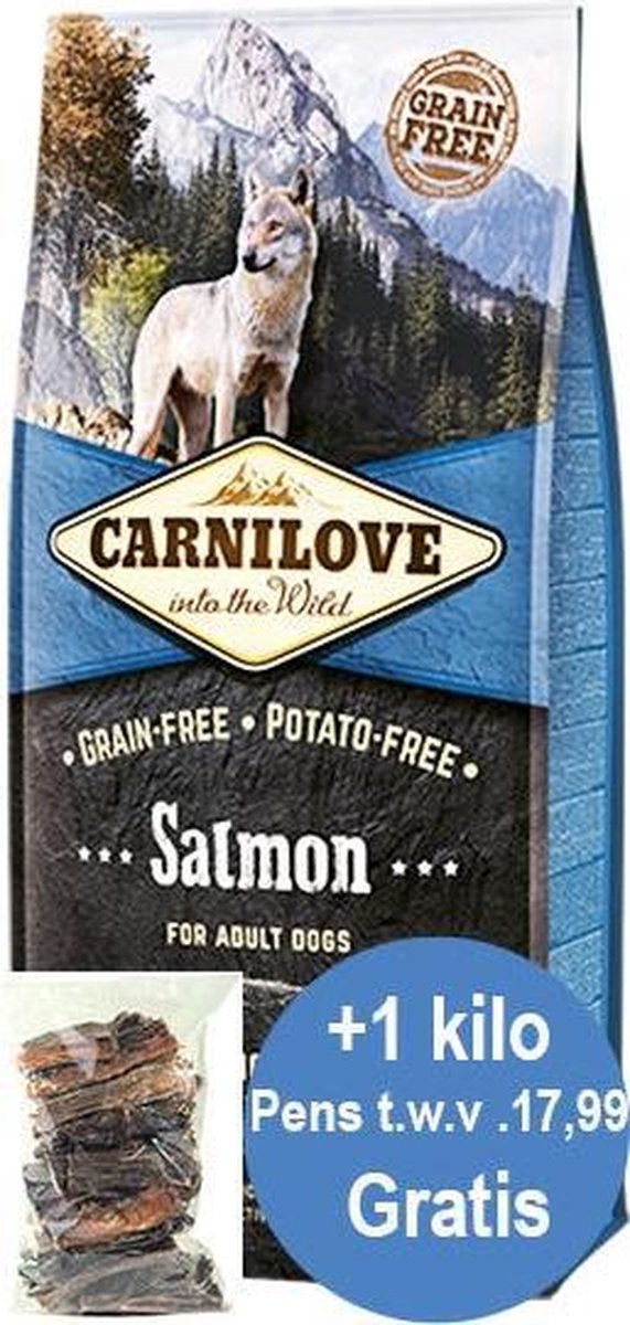 Carnilove Zalm adult (70%vlees) 12kg + 1kg pensstaafjes gratis twv 17