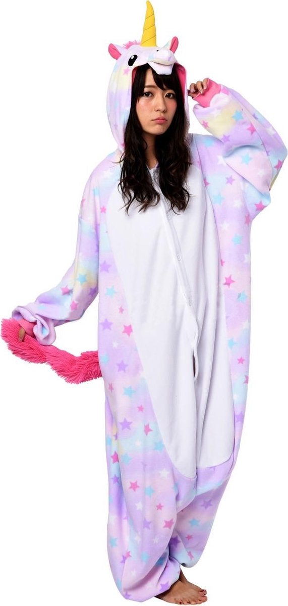 KIMU Onesie eenhoorn pak sterren paars unicorn kostuum - maat M-L - eenhoornpak jumpsuit huispak