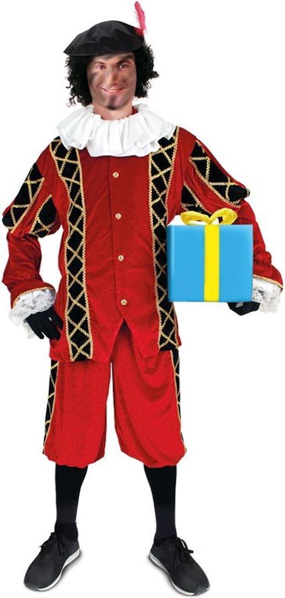 Luxe Piet pak rood fluweel - maat S + GRATIS PROFESSIONELE SCHMINK - fluwelen pietenpak kostuum goud zwart Sinterklaas festival
