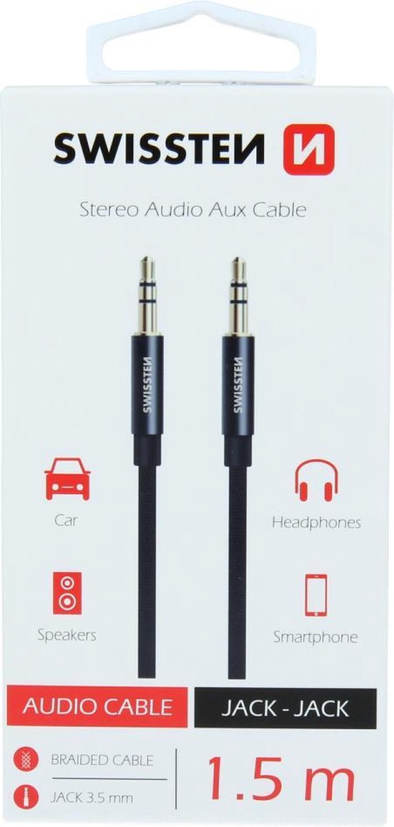 Swissten Audio Aux Kabel - Jack 3.5MM naar Jack 3.5MM - Zwart