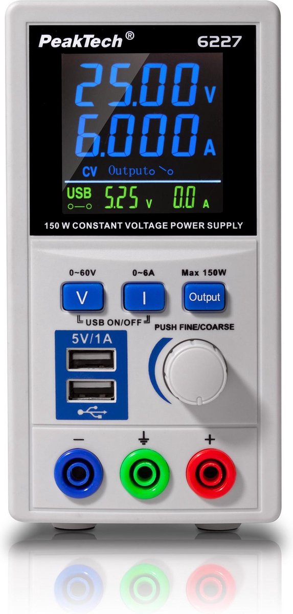 PeakTech® 6227: DC schakelende voeding 0-60 V / 0-6 A met kleuren LCD & 2 x USB