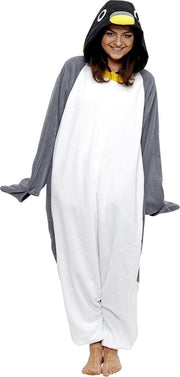 KIMU Onesie pinguin pak grijs kostuum - maat S-M - pinguinpak jumpsuit huispak